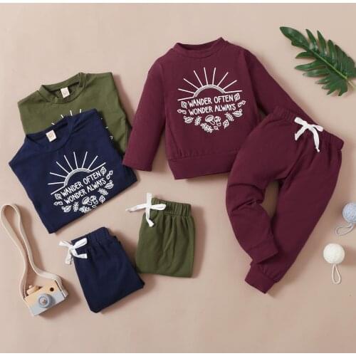 2 Pcs Infant Casual Outfits, Baby Cartoon & Letter Print Long Sleeve Round Neck Pullover + Drawstring Pants 1-5T