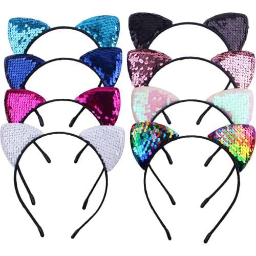 New Flip Sequin cat ears girl Headdress children birthday party Headband Cute Hair band