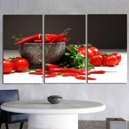 RELIABLI ART 3 Panels Vegetables Posters And Prints Canvas Paintings Red Chili Tomato Pictures For Home Kitchen Decoration
