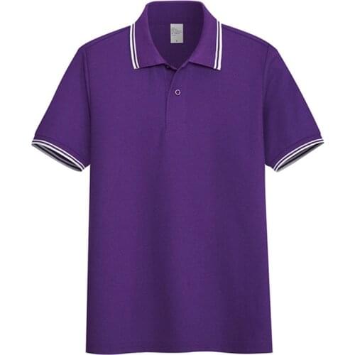 AOLIWEN men purple 65% cotton two striped polo shirt solid color short sleeve casual business sweat absorbent tight fit shirt