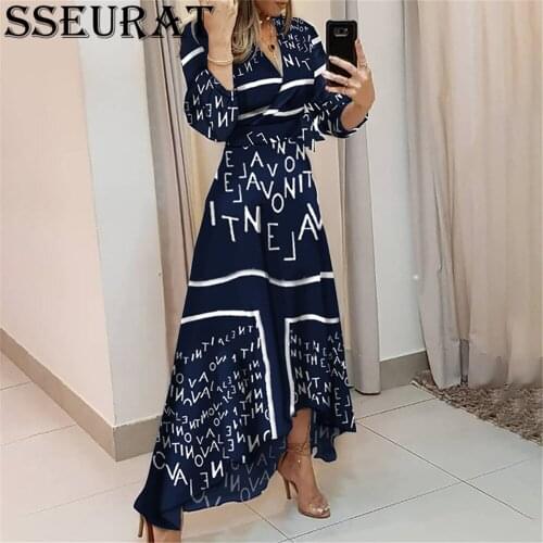 SSEURAT Womens New Autumn Dresses Alphanumeric Print Long Sleeve Irregular Dress Autumn Womens Wear
