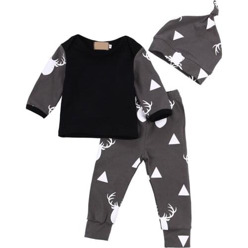 Newborn Baby Boys Tops Pullover T-shirt Deer Pattern Pants Leggings Hat Outfits 3PCS Kids Autumn Clothes Set 0-24M
