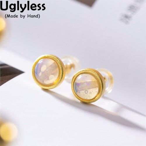 Uglyless Pretty Transparent Opal Studs Earrings for Women MINI Gemstones Gold Earrings 925 Silver Simple Round Brincos Gemstones