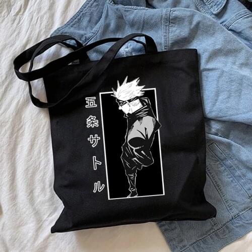 Jujutsu Kaisen Satoru Gojo Anime Black Korean Canvas Shopper Bag Khaki Vintage Shopping Bag With Zip Black Shoulder Bags Bolsos