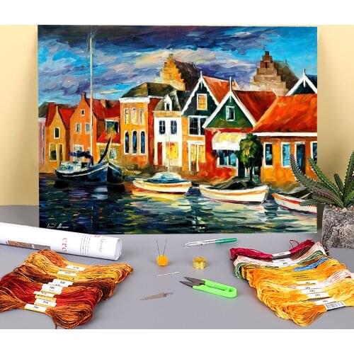Old Sea Front Pre-Printed 11CT Cross-Stitch Full Kit DIY Embroidery DMC Threads Handmade Painting Sewing Handicraft Needle