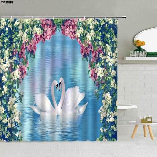 Red White Flowers White Swan Shower Curtain Floral Green Leaf Butterfly Sunflower Fabric Bathroom Supplies Cloth Curtains Decor