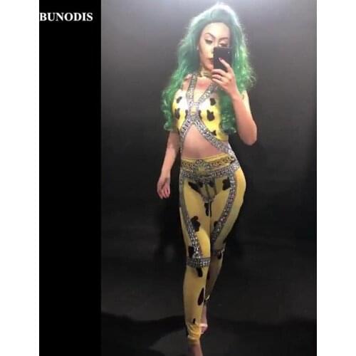 ZD221 Women Sexy Yellow Jumpsuit 3D Printed Sparkling Crystals Bodysuit Nightclub Party Stage Wear Performance Costumes