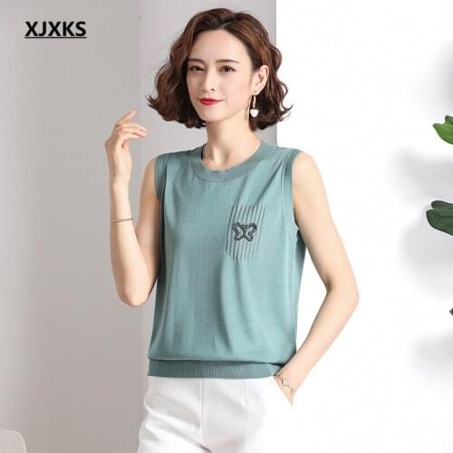 XJXKS 2021 Summer New Women Sleeveless T-shirt High Quality Comfortable Ice Linen Knitted Thin Top Women T-shirt
