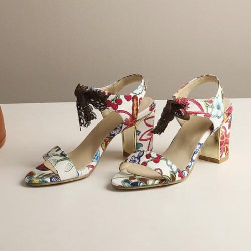 Ochanmeb Beautiful Sweet Print Flower Women Sandals Chunky Block High Heels Floral Summer Sandals Woman Big Plus Size 43 44 Shoe