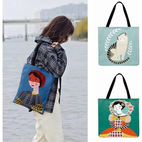 Ladies Should Bags Cartoon Girl And Cat Painting Printed Tote Bag For Women Casual Tote Fashion Shopping Bags Outdoor Beach Bags