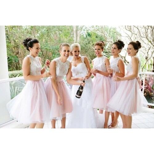 2017 new fashion cheap pink lace top tulle knee length bridesmaid dresses full back with sash and big bow