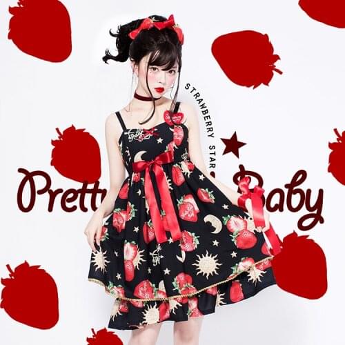 Star Moon Strawberry Super Cute Womens Lolita JSK Dress Summer Suspender Dress Bows Trim One Piece White/Blue/Black Sweet