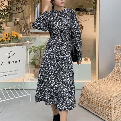 Spring Chiffon Dresses 2021 Korean Floral Dress Vintage Midi Long Dress Stand Collar Plus Size Loose A Line Party Dresses 13198