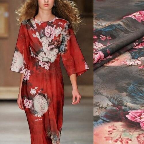 137CM 13MM Big Floral Print Thin Red Gray Silk Crepe De Chine Fabric for Summer Dress Blouse Skirt Shirt Scarf Pants J056