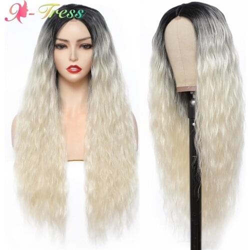 Long Deep Wavy Wig Ombre Gold Blonde Synthetic Wigs for Women X-TRESS Middle Part Fluffy Wave Small Area Lace Wig Heat Resistant