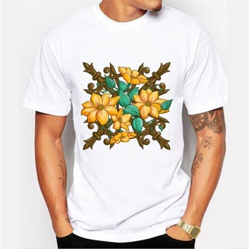 Papertiger Classic White T-shirt Fashion Blue Slavic Yellow Flower Pattern Printing Tshirt