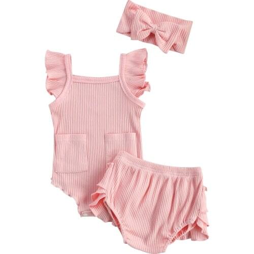 Baby Girls Three-piece Summer Clothes Set Solid Color Fly Sleeves Square Collar Romper Shorts and Headband Beige/ Pink