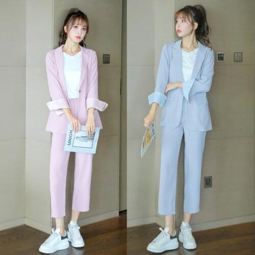 2021 Early Autumn Loose Women Suit Two Piece Women Suits Office Sets Jacket And Pants Pink Blue Work Wear Clothes