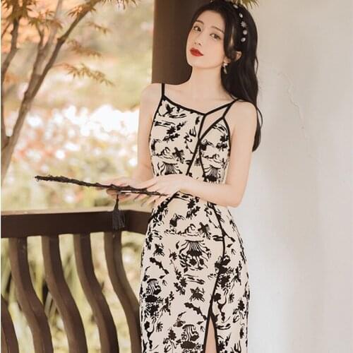 Summer Dress Floral Dress Female Chic Summer Niche Design Split Self-cultivation Sexy Retro Cheongsam Vestidos