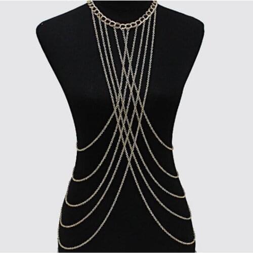 Multi Layer Full Female Body Chain Harness Shiny Sexy Belly Accessories Gold Color Women Fashion Waist Jewelry S1828