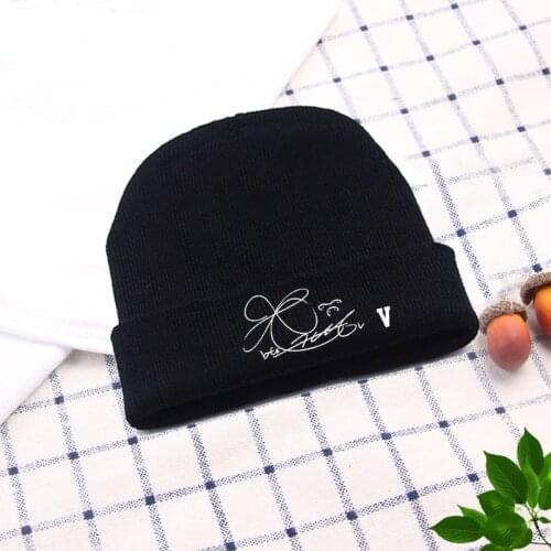 Fashion Black Beanies Knit Hat Unisex Bangtan Boys Signature Letter Warm kpop Jimin Suga Jungkook Crochet Cap Skullies Gorros