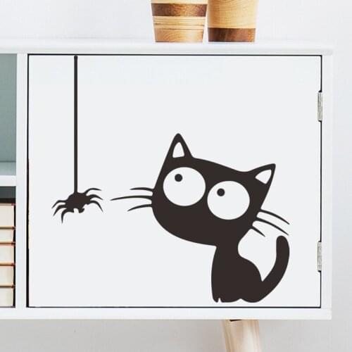 Cartoon Black Kitten Spider Wallpaper Glass Window Cabinet Home Removable Wall Sticker Self-Adhesive