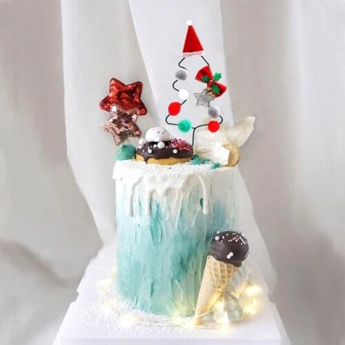 Christmas Ornaments Metal Christmas Tree Cake Topper with Star Hat Pompom Cake Decoration for Christmas Decoration for Home 2019