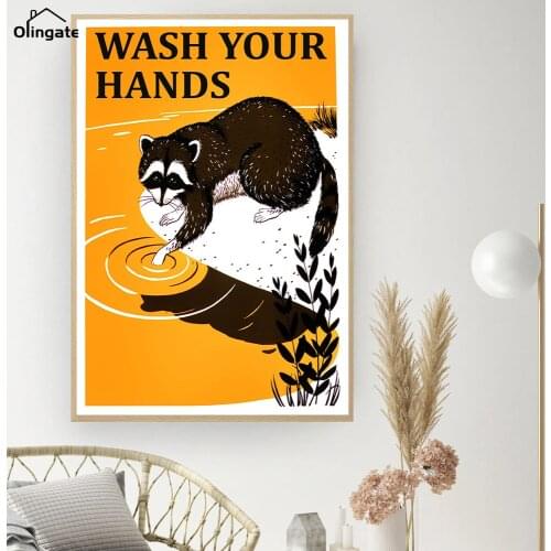 Slogan Wash You Hands Canvas Poster Cartoon Raccoon Wall Art Picture One Piece Canvas Poster Home Living Drawing Room Bath Decor