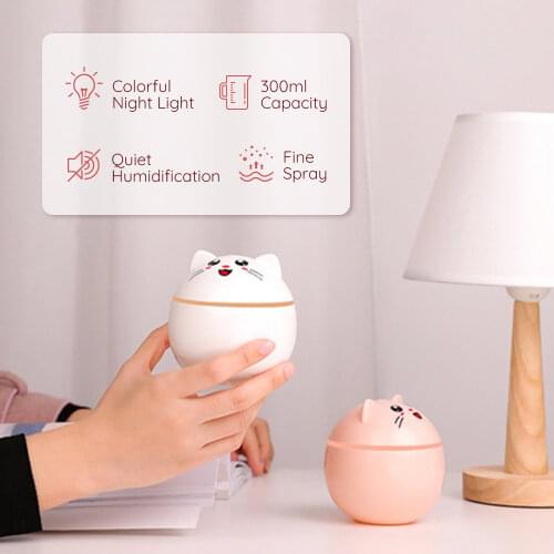 300ml Mini Lucky Cat USB Ultrasonic Air Humidifier For Home Car Mist Maker Colorful Night Lamp Office Air Purifier