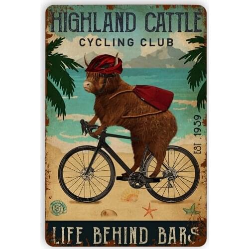 Cycling Club Highland Cattle Metal Tin Signs, Vintage Wall Decor Retro Art Tin Sign Funny Decorations for Home Bar Pub Cafe Farm