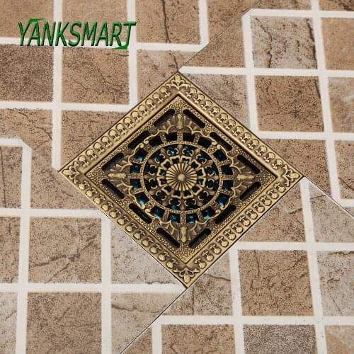 YANKSMART Antique Brass Shower Bathtub Bathroom Floor Drain Water Filter Sink Strainer Waste Square 12*12cm Drainage