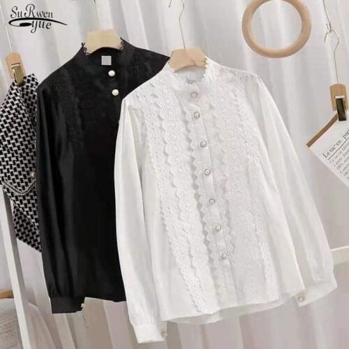 Autumn Stand Collar Lace Blouse Women Vintage Fashion Hollow Lace Patchwork Womens Shirt Loose Long Sleeve Buttons Tops 16131