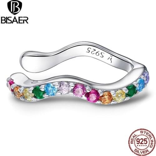 BISAER Hot Sale 1pcs Rianbow Ear Cuff Earrings 925 Sterling Silver Colorful Zircon Earrings For Women Wedding Jewelry ECE894