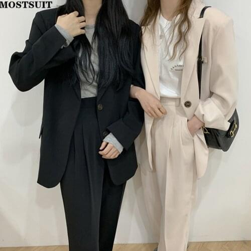 Elegant Workwear Trousers Blazer Suit Women Single-breasted Blazer + Wide Leg Full-length Suit Pants Set Chic Office Ladies Set