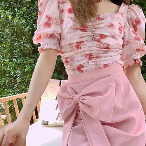 Biscuit Bear Pink Sexy Dress Suit Women Short Sleeve Casual Floral Skirt Korean Style Sweet Girls 2021 Summer Bow 2 Piece Set
