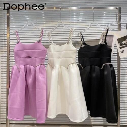 2021 Summer Rhinestone Shiny Sling Mini Dress for Women Slim Waist Pleated Bodycon SunDress Party Clubwear Robe Vestidos Mujer