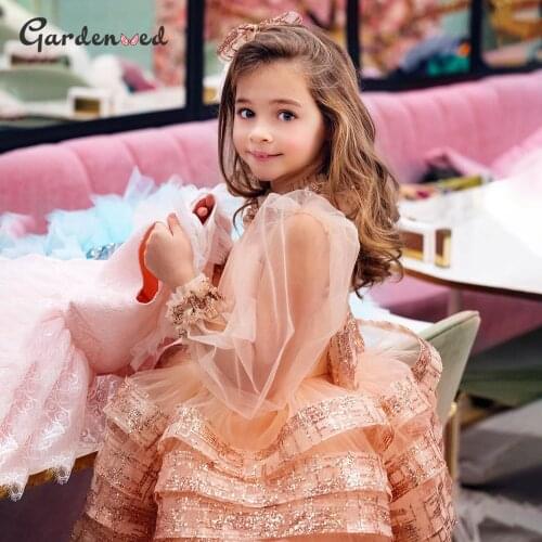Glitter Layers Girl Party Dresses Illusion Sleeves Ball Gown Girl Princess Dress Shiny First Communion Dresses New Year 2021
