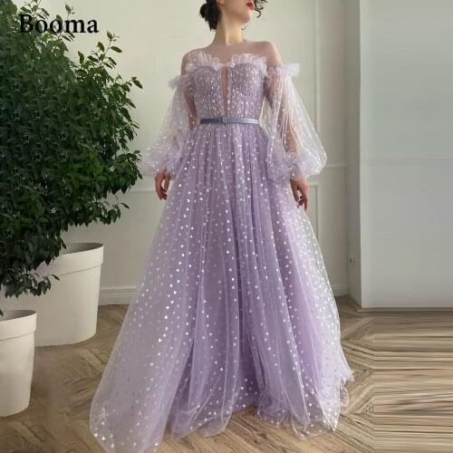 Booma Lavender Hearty Prom Dresses Long Puff Sleeves A-Line Prom Gowns with Pockets Ruffles Sheer Neckline Wedding Party Dresses