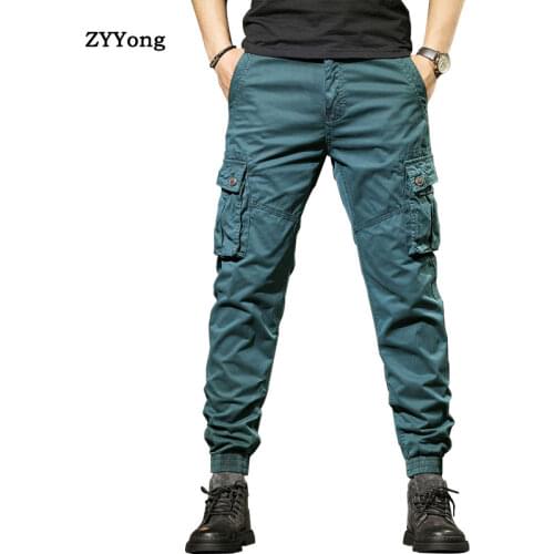 2020 New Mens Spring Pants Cotton Slim Cargo Pants Casual Plus Size 29-38 Fashion Four-color Elastic Worker Male