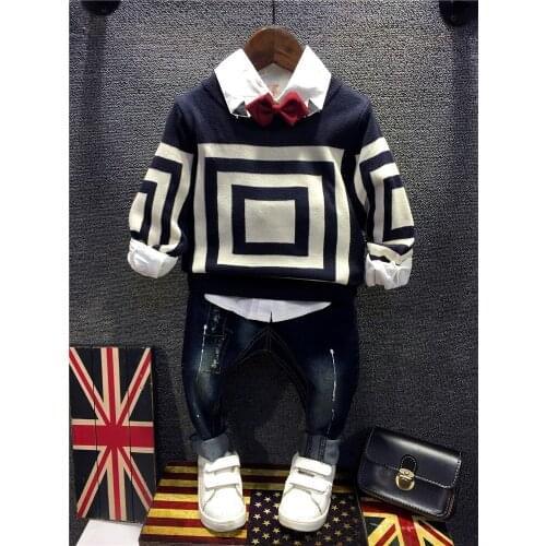 Autumn winter Children Boys Cotton Clothes Kids Knit sweater+shirt+jeans 3pcs/Sets Toddler Fashion Clothing Sets Baby Tracksuits