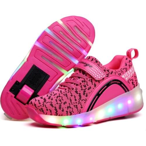 Kids Glowing Sneakers Sneakers with wheels Led Light up Roller Skates Sport Luminous Lighted Shoes for Kids Boys Pink Black
