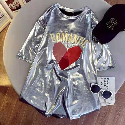 Summer Ladies Shiny T-shirt Retro Street Wear Loose Short Sleeve Oversize Top Womens Sexy Club Hip Hop Stylish Bright Tshirts
