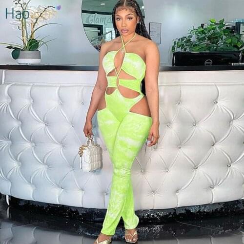 HAOYUAN Tie Dye Backless Jumpsuit Hollow Out Club Outfits for Women Summer Vacation Clothes Sexy Night Club One Piece Rompers