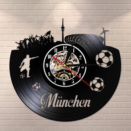 Football Munchen City Skyline German States Mute Wall Clock Stadium Fans Celebrations Champions Wall Art Vinyl Record Watch