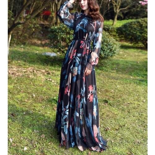 Islamic Muslim Maxi Dress Floral Printed Loose Chiffon Summer Fashion Abaya Clothes Female Saudi Arabia Dubai Kaftan Long Dress