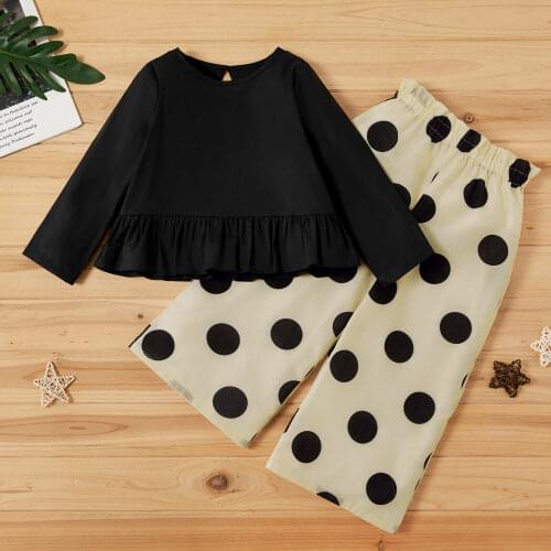 2-piece Toddler Girl Solid Ruffle Long-sleeve Top and Polka dots Pants Set