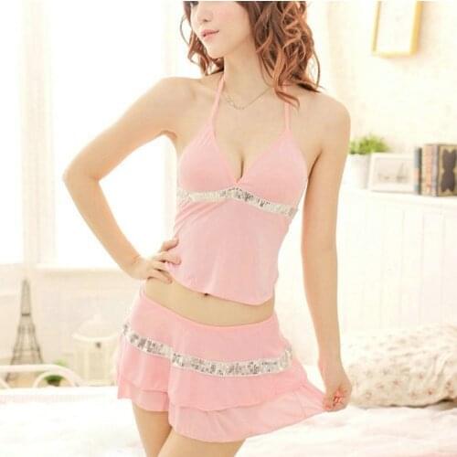 Candy Cherries Sexy Lingerie Women Pink Bra Open Chest Babydolls Sequined Nightwear Sweety Sleepwear G-String Girl Dress