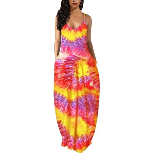 Floor-length Plus Size Dresses For Women Gradient Tie-dye Sleeveless V Neck Maxi Dress Sundress Vintage Harajuku Femme Robe