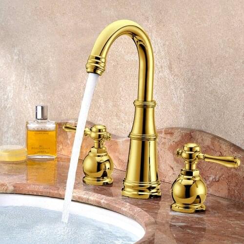 Luxury gold all brass Waterfall Widespread Bathroom Sink Faucet Copper Golden Three holes Two handles Basin Vanity Mixer Tap