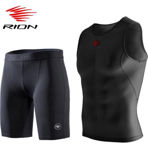 RION Runing Shorts Men Set tracksuit Gym Fitness Workout Shorts Tights Sleeveless Jersey Sportswear Vest Mesh Active Top